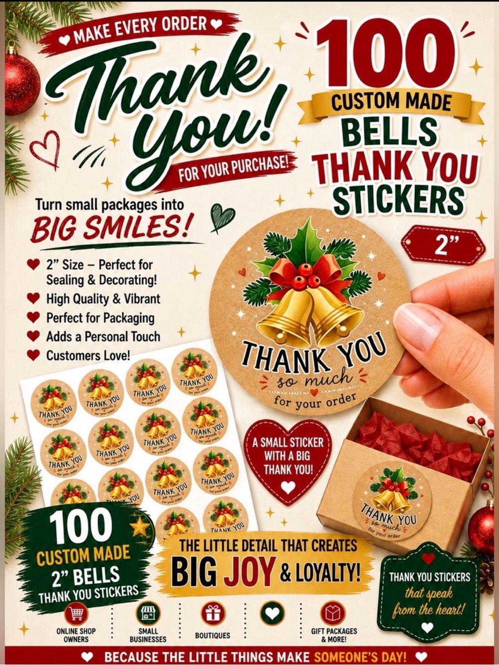 100 Pack 2” Thank You Stickers - Holiday Bells Design